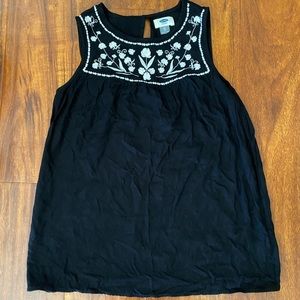Black Sleeveless Loose Fit Top with White Floral Embroidery